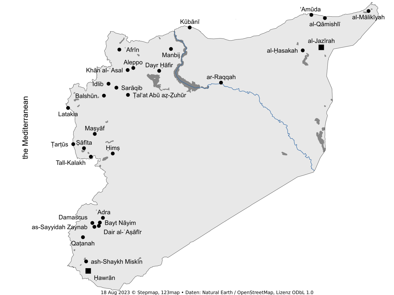 Figure 1. Map of Syria with the largest concentrations of the Dom in the country (created by the author using stepmap.de, ODbL v1.0).