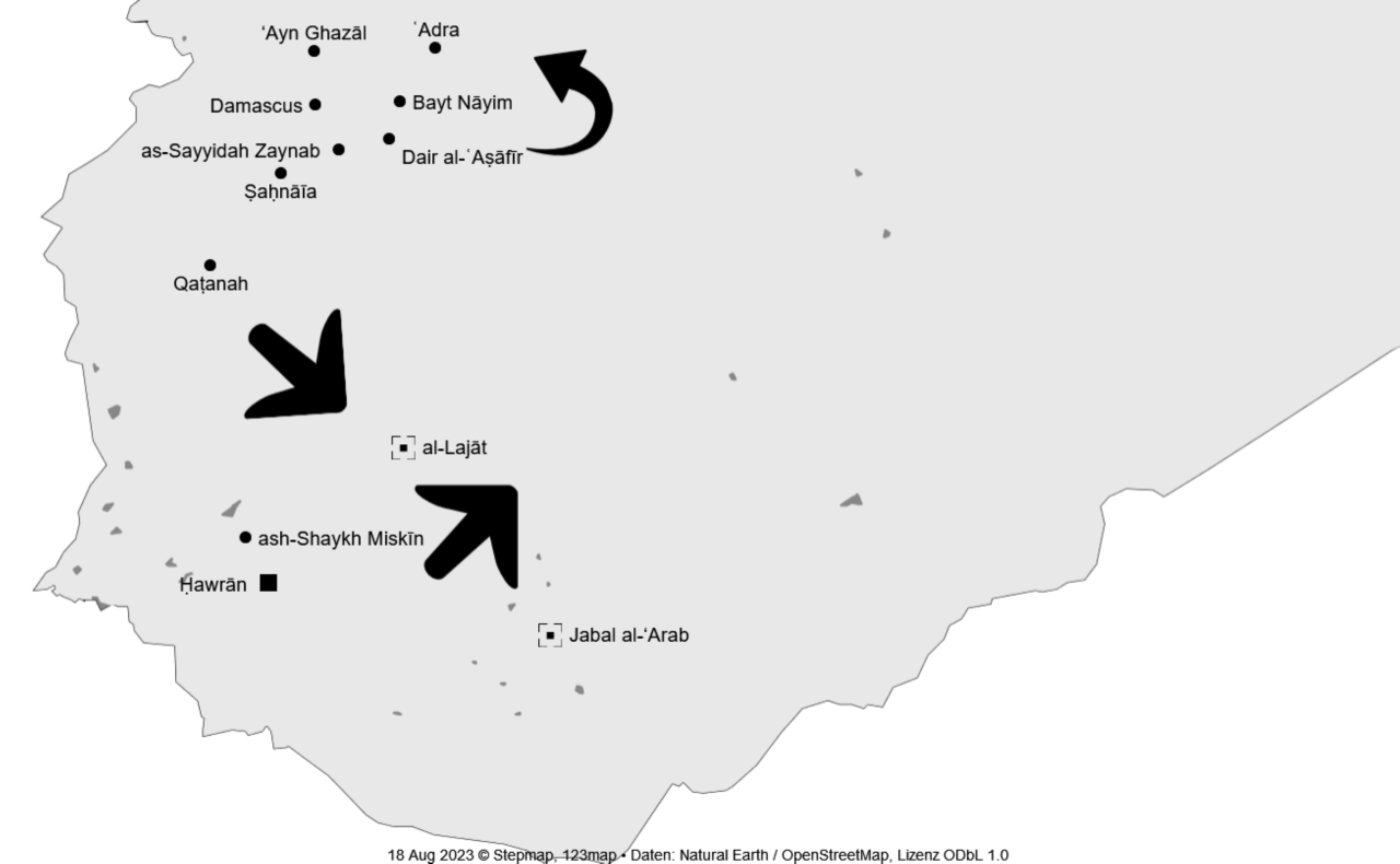 Figure 2. The largest Dom concentrations in southern Syria and their usual seasonal travels (created by the author using stepmap.de, ODbL v1.0).
