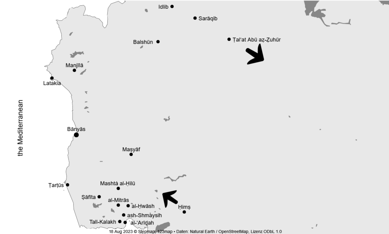 Figure 3. The biggest Dom concentrations in Ḥimṣ, the coastal mountain range and Idlib (created by the author using stepmap.de, ODbL v1.0).