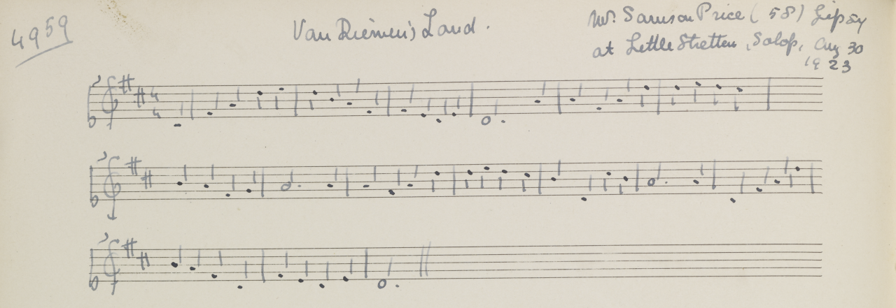Figure 2. Cecil Sharp’s transcription of the song “Van Diemen’s Land” from Romani singer Samson Price at Little Stretton, Shropshire, in 1923. Note the word ‘Gipsy’ (sic) in the top right-hand corner (by kind permission of the Master, Fellows, and Scholars of Clare College, Cambridge).