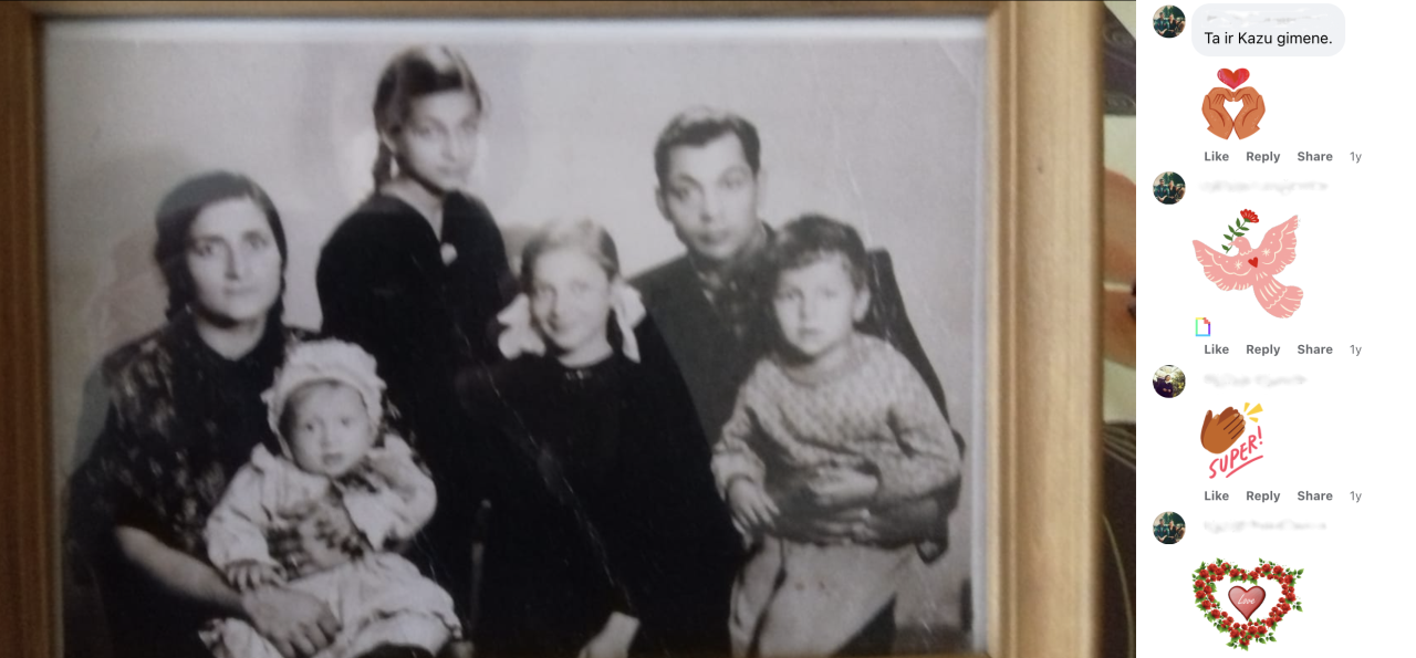 Figure 1. A photo of Kārlis Leimanis’ family, posted by his daughter on the Facebook group “Latvi-jas romu vēsture un kultūra” on July 27, 2020. Some reactions by other Roma appear on the right. The first commenter says she recognized this family (screenshot made by the author on October 20, 2023; the post is used by permission).