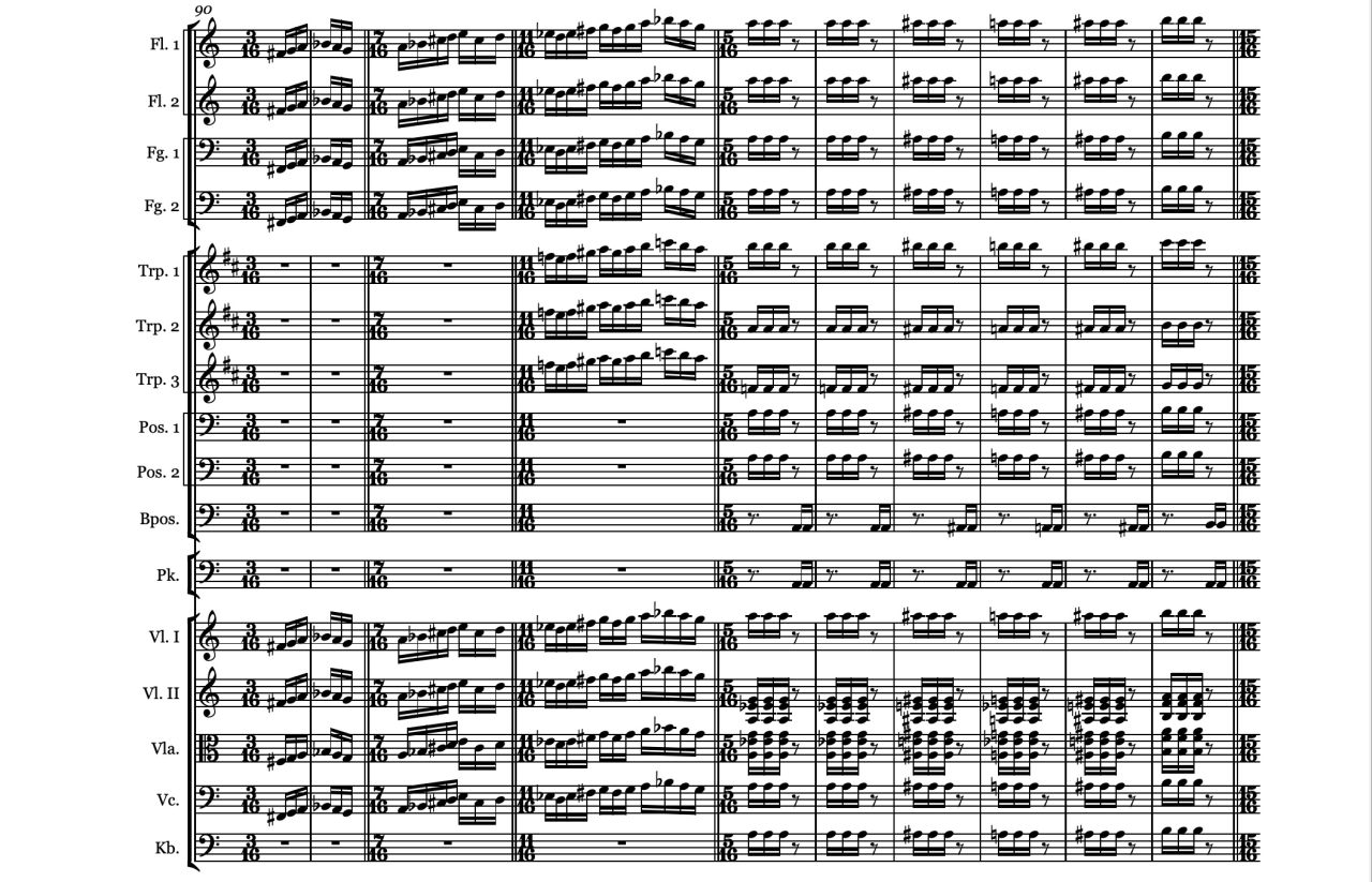 Figure 2. Bars 90–100 of the prelude of Symphonia Romani – Bari Duk(courtesy of Adrian Gaspar, all rights reserved).